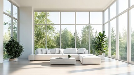 A modern living room interior with a minimalist design, featuring a white sofa, sleek coffee table, and large windows that fill the room with natural light.