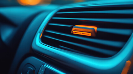 Close-up of a car's air conditioner in the interior, with a blue color and an orange light