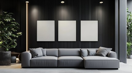 A modern living room with a dark black accent wall displaying three square canvas paintings, complemented by a gray sofa