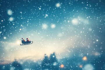 Fototapeta premium Merry christmas and happy new year greeting card with copy-space. Winter night landscape.Santa and his sleigh flying over snowy landscape, ai