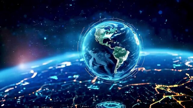 the earth  from space with  a cityscape in the foreground