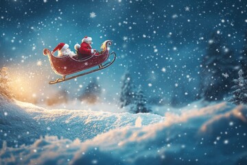 Fototapeta premium Merry christmas and happy new year greeting card with copy-space. Winter night landscape.Santa and his sleigh flying over snowy landscape, ai