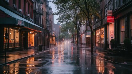 Naklejka premium A moody shot of a rainy New York street in the early morning, with wet sidewalks, closed storefronts, and soft, diffused light coming through the clouds.