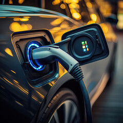 Close-up of an electric car charging port with the power cable in place