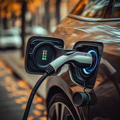 Close-up of an electric car charging port with the power cable in place