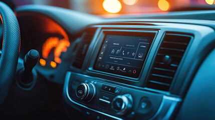 Close-up of a modern car radio with a touch screen and speaker inside the vehicle