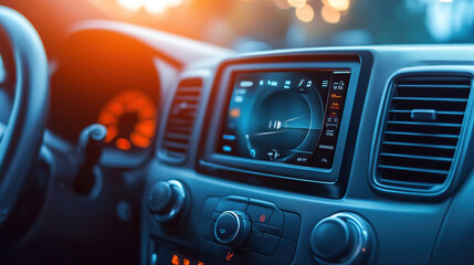 Close-up of a modern car radio with a touch screen and speaker inside the vehicle