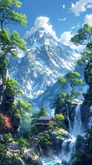 Fototapeta premium Majestic Mountain Landscape with Waterfall and House