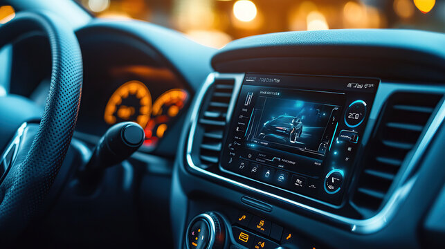 Close-up of a modern car radio with a touch screen and speaker inside the vehicle