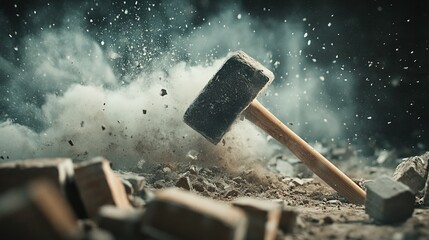 A powerful image of a sledgehammer smashing through a brick wall, with dust and debris flying, representing the concept of demolition and breakthrough.