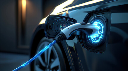 Close-up of an electric car charging, with blue electricity flowing from the cable into its port