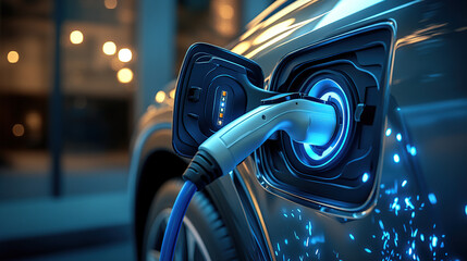 Close-up of an electric car charging, with blue electricity flowing from the cable into its port