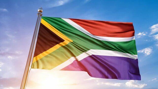 South Africa flag waving against a blue sky Video
