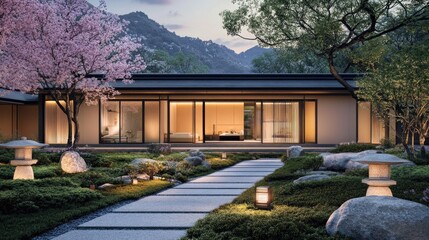 Fototapeta premium Serene Japanese Garden with Modern Architecture at Dusk