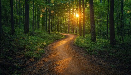 Fototapeta premium Sunlit Forest Path Winding Through Lush Green Trees