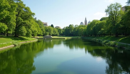  Tranquil park lake under a clear sky
