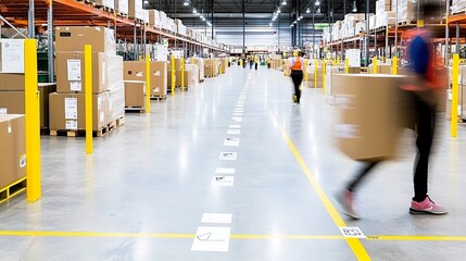 Fototapeta premium Warehouse interior with workers and boxes.