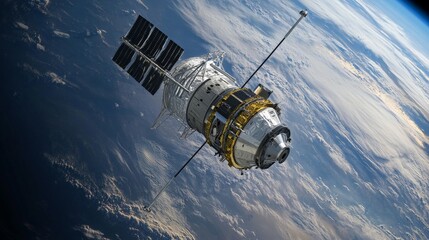 Obraz premium A satellite assembling itself in low Earth orbit