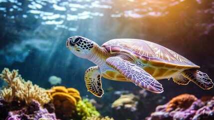 Fototapeta premium A green sea turtle swims gracefully through a coral reef, with sunlight illuminating the scene.