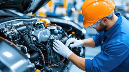 A skilled mechanic in safety gear works diligently on an engine in a modern automotive shop, showcasing precision and expertise in vehicle maintenance and repair.