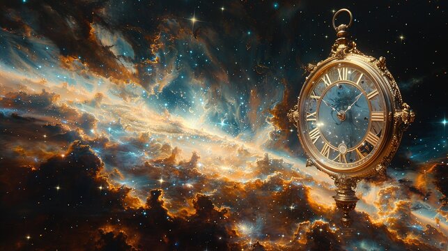 A vintage clock suspended in a cosmic scene, blending time with the vastness of space.