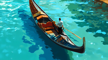 Traditional venetian gondola glides serenely through tranquil turquoise waters, its ornate wooden hull and majestic. Venetian Gondola Ride. Illustration