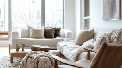 Fototapeta premium A Scandinavian-inspired living room with clean lines, a mix of white and wood furniture, and cozy textiles like a knitted throw and cushions, with large windows letting in natural light.