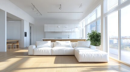 A Scandinavian-style apartment panorama with light wood floors, a white sectional sofa, and a minimalist kitchen, all bathed in natural light from wide windows offering panoramic views.