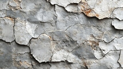 Fototapeta premium The close-up view showcases a weathered concrete wall featuring a textured surface with notable cracks and peeling layers. The various shades of gray highlight the urban decay.