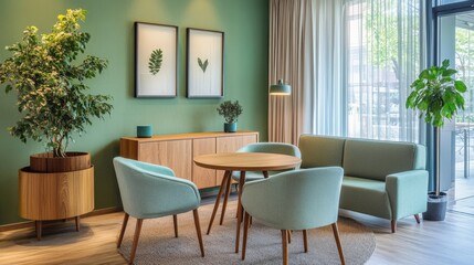 A serene, modern room with mint chairs placed around a wooden round table, set against a green wall with a cozy sofa and wooden cabinet adding functional elegance to the space.
