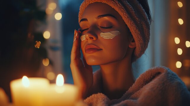 A serene evening skincare routine scene with candles and a plush towel, as a woman applies a rejuvenating night cream before bed.