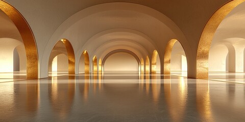 Obraz premium A Reflective Corridor of Golden Arches and Curved Walls