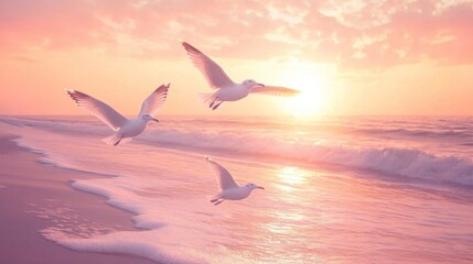 A serene view of seagulls flying low over the water, their wings catching the last light of the setting sun, with soft orange and pink tones illuminating the tranquil beach.
