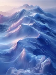 Fototapeta premium Abstract representation of flowing mountains in shades of blue and soft light.