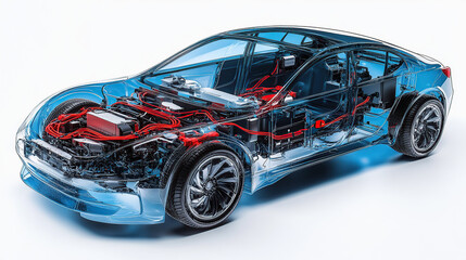 An exploded view of an electric car's engine, showing the various components such as the battery pack and motor inside its transparent shell