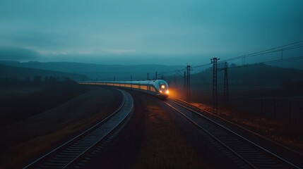 Fototapeta premium A sleek high-speed train cutting across the landscape at twilight, with lights from inside creating a soft glow in the growing darkness.