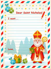 Letter to Saint Nicholas. St Nicholas holiday day. Christmas children gift wish list. Christian Sinterklaas Santa Claus character. Kid paper mail template. New year postcard writing text blank. Vector