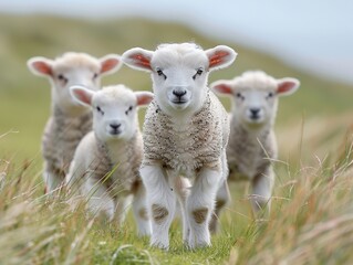 Obraz premium Four adorable lambs standing in a grassy field.