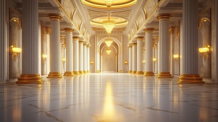 Obraz premium Grand Hallway with Golden Accents and Marble Floor