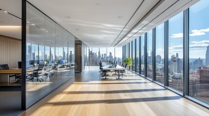 Naklejka premium A spacious, contemporary office featuring minimalist rows of workstations, and glass partitions, with a panoramic view of a bustling urban skyline.