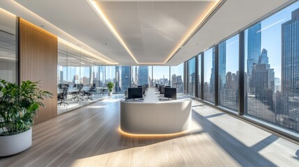 A spacious, contemporary office featuring minimalist rows of workstations, and glass partitions, with a panoramic view of a bustling urban skyline.