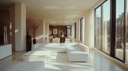 A spacious living room featuring a sleek white sofa with clean lines, accented by minimalist large windows, and natural light flooding the room, creating an airy atmosphere.