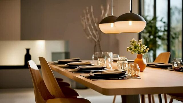 a dining table  and  chairs  with  pendant lights