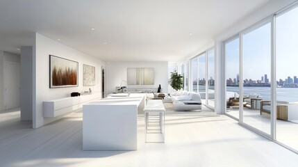 A spacious white apartment with minimalist featuring a white kitchen island, a comfortable living area, and large glass doors leading to a terrace with panoramic views of the city.