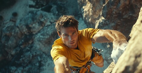 A sportsman in a yellow shirt scaling a rock wall, with the camera capturing his determined expression and the rugged cliffs surrounding him under bright sunlight.