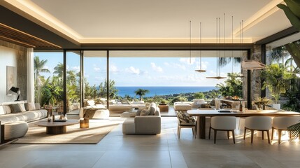 Obraz premium A stylish open-concept apartment with a large living room, modern dining area, and panoramic windows, offering a breathtaking view of a coastal landscape.