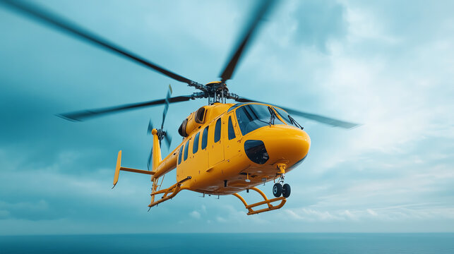 A vibrant yellow helicopter in flight against a dramatic sky backdrop, showcasing its agility and engineering marvel.