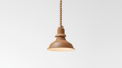 Obraz premium A brown pendant light with a rope cord hanging from a white ceiling.
