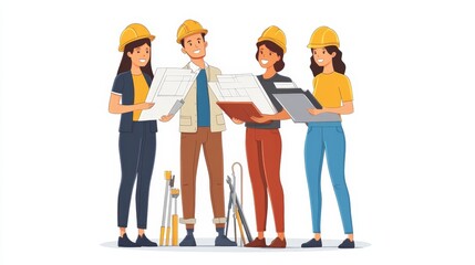 Obraz premium A team of architects, male and female, standing together with blueprints and design tools.