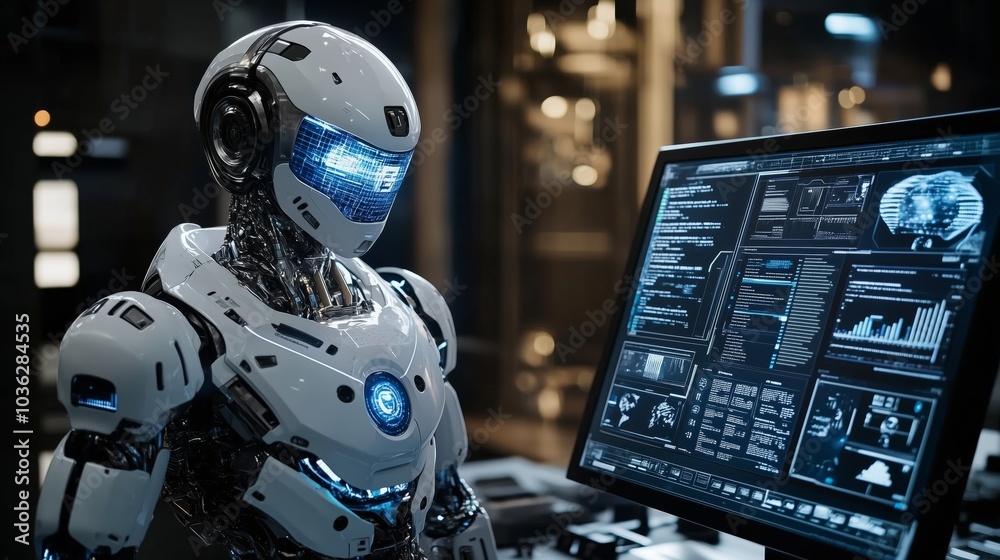 Poster a futuristic robot is presenting data on the screen of an advanced computer